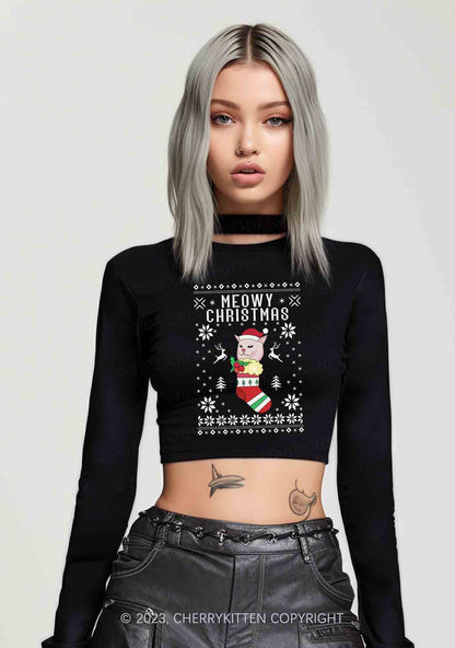 Meowy Christmas Socks Y2K Long Sleeve Crop Top Cherrykitten