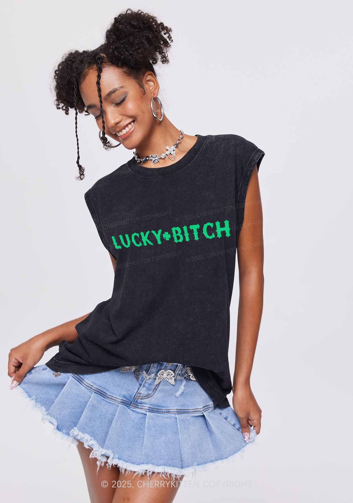 Lucky Bxxch St Patricks Y2K Washed Tank Cherrykitten