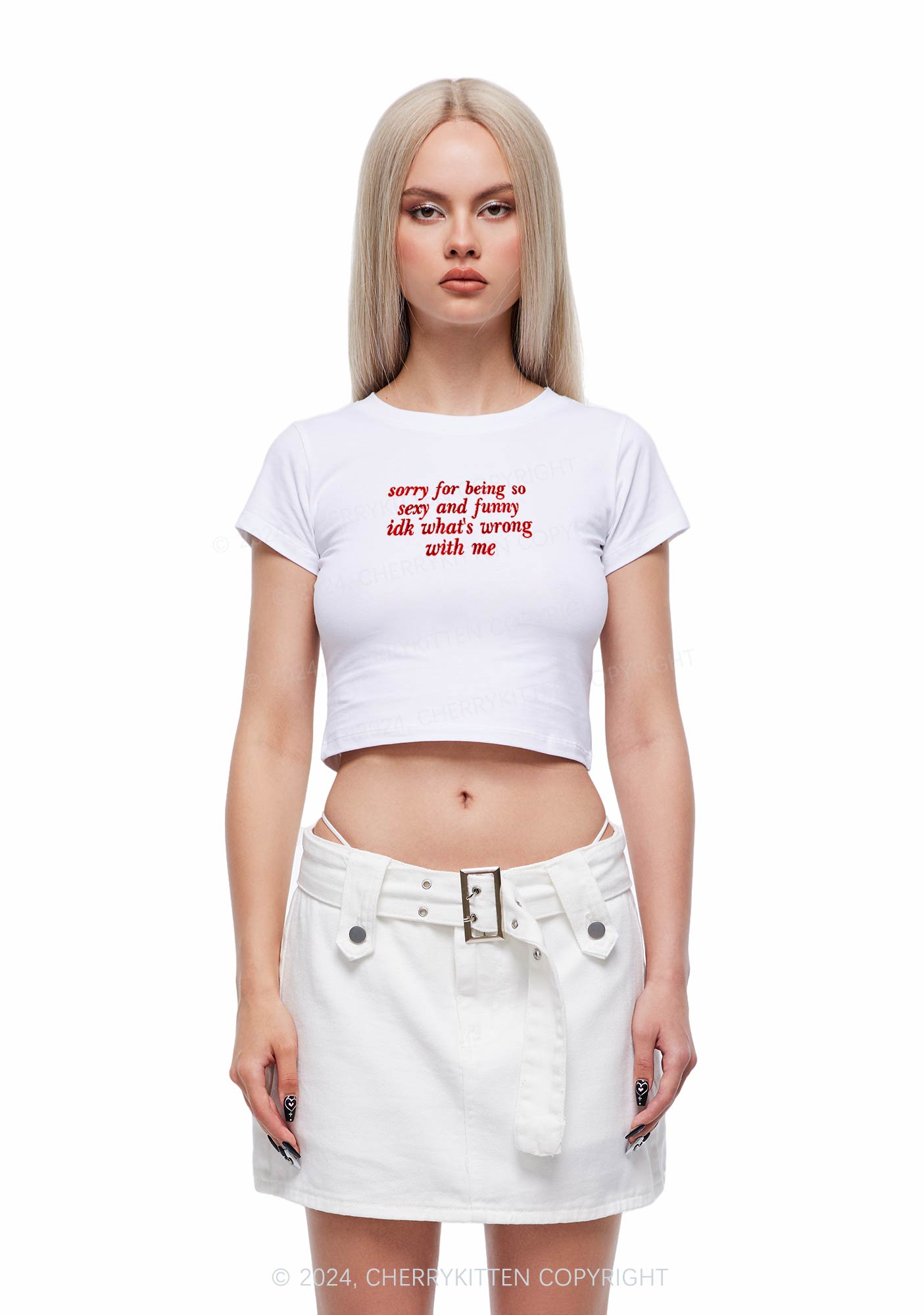 Embroidered Sorry For Being So Funny Y2K Baby Tee Cherrykitten