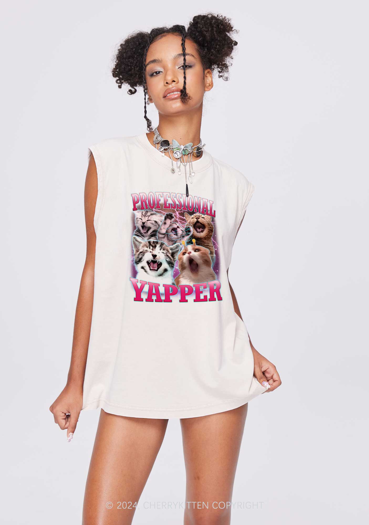 Professional Yapper Cat Y2K Washed Tank Cherrykitten