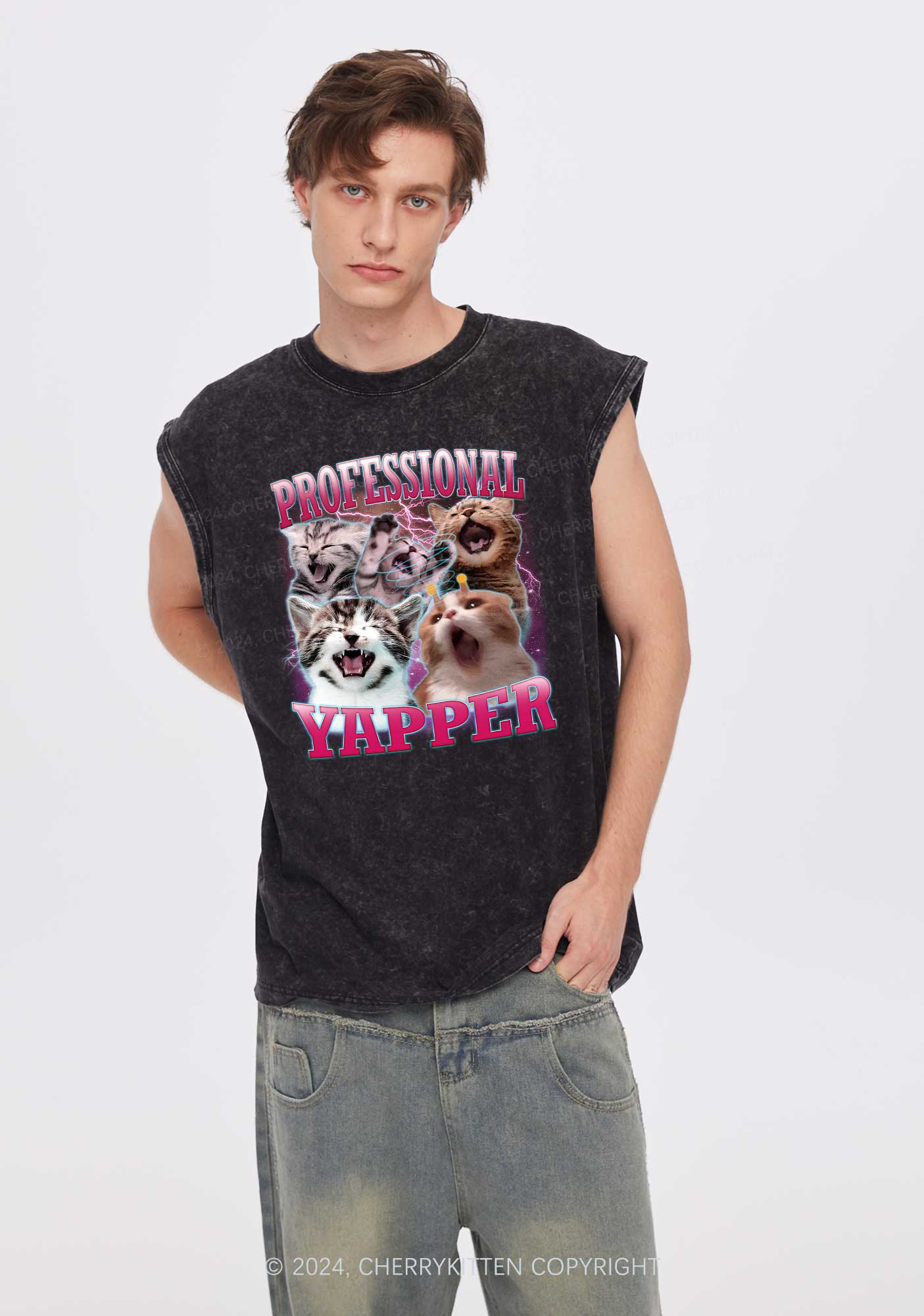 Professional Yapper Cat Y2K Washed Tank Cherrykitten