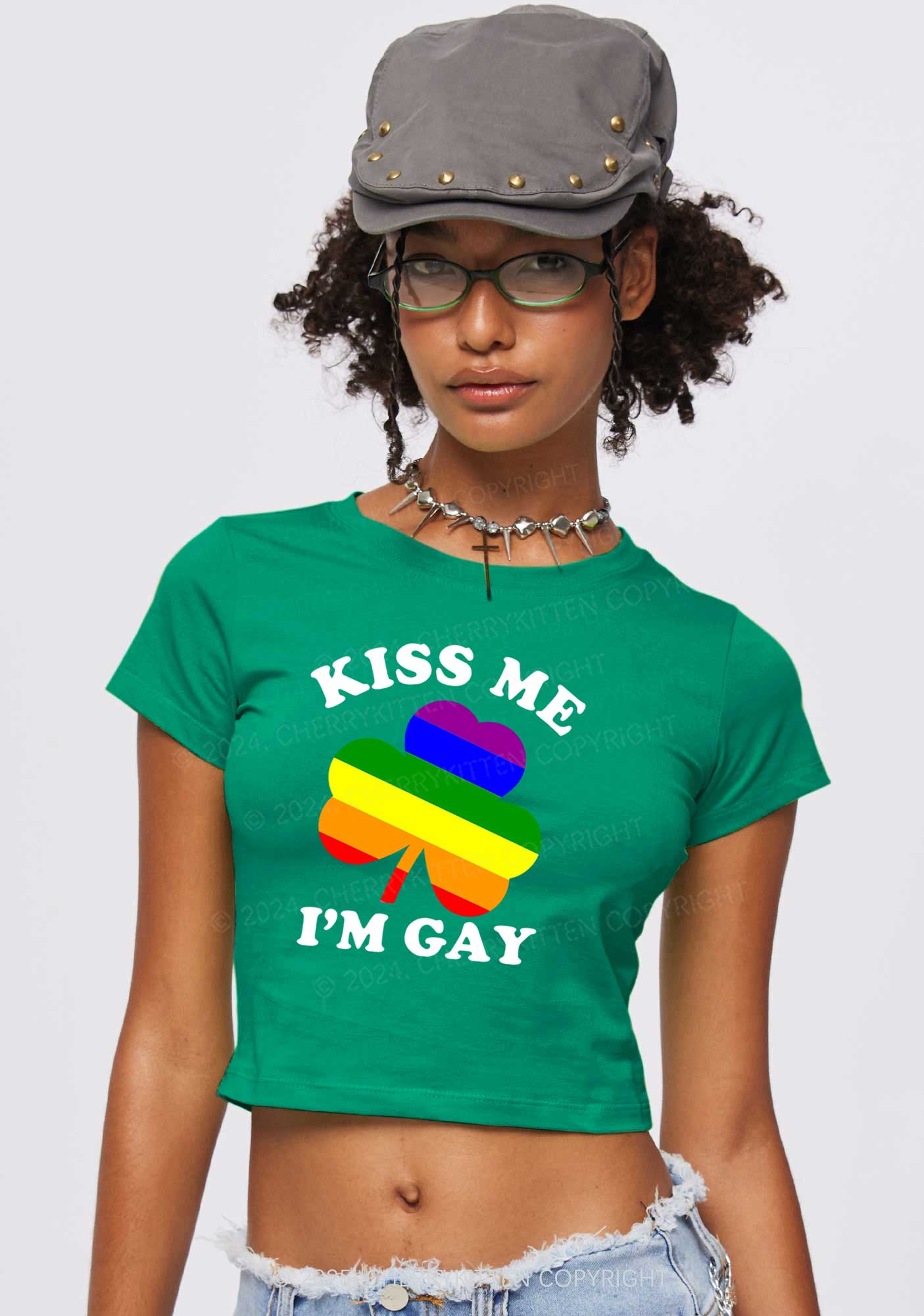 Kiss Me Im Gay St Patricks Y2K Baby Tee Cherrykitten