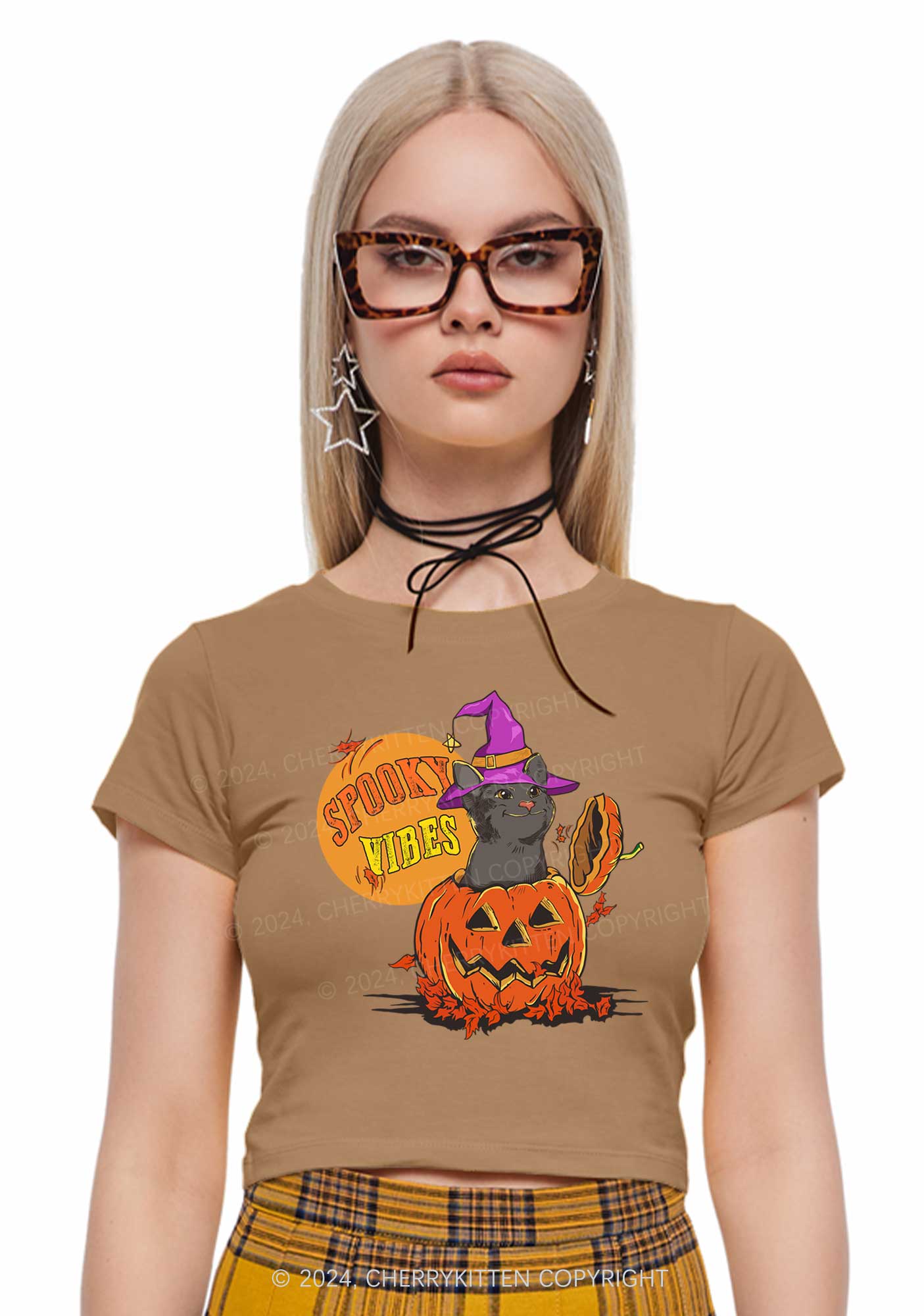 Halloween Spooky Vibes Cat Y2K Baby Tee Cherrykitten