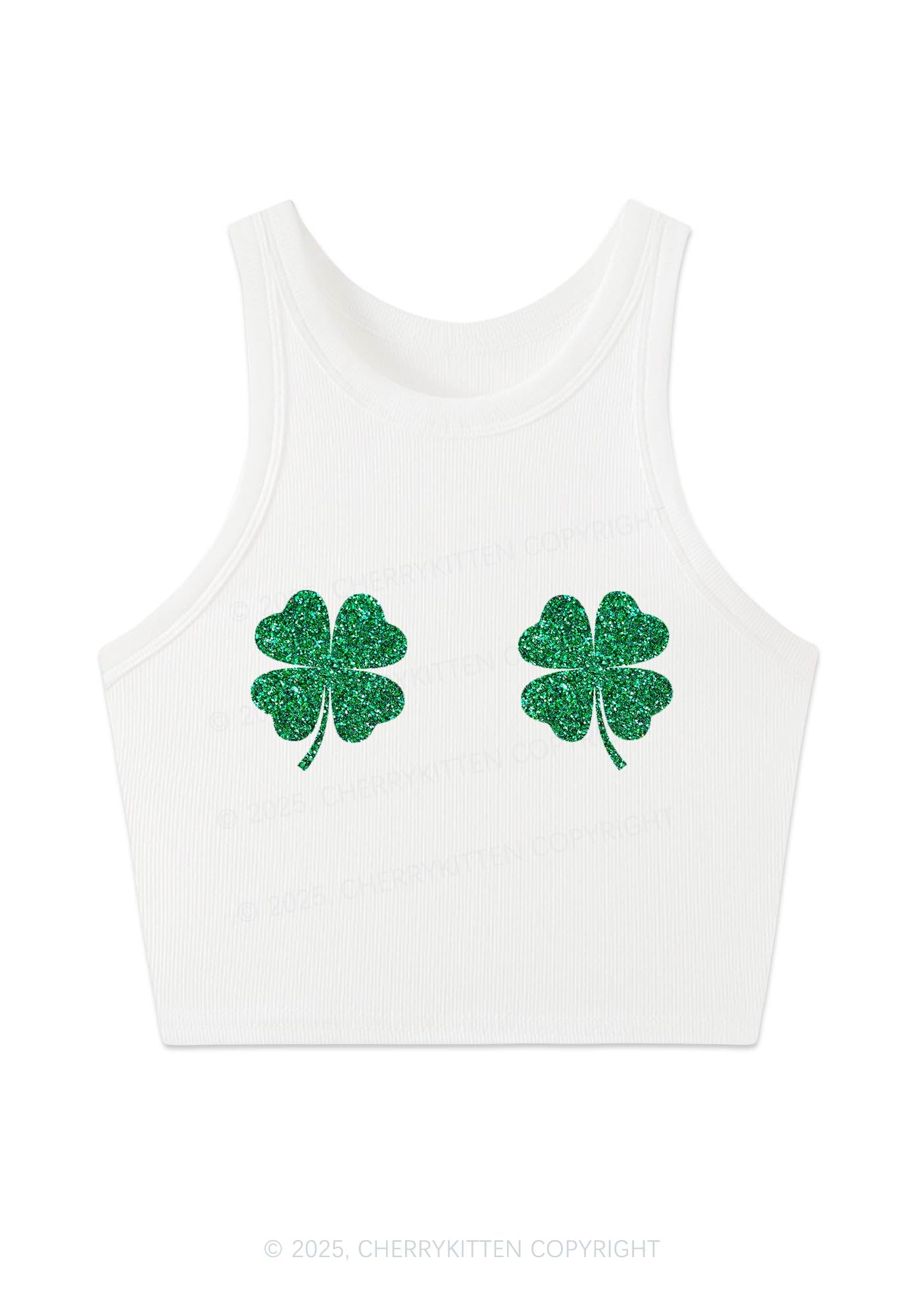 Glitter Four Leaf Clover Y2K Crop Tank Top Cherrykitten