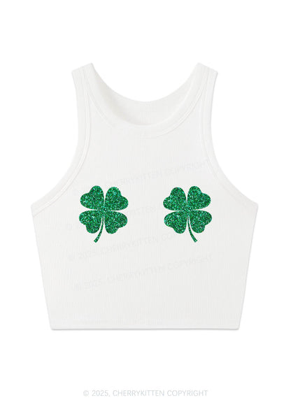 Glitter Four Leaf Clover Y2K Crop Tank Top Cherrykitten