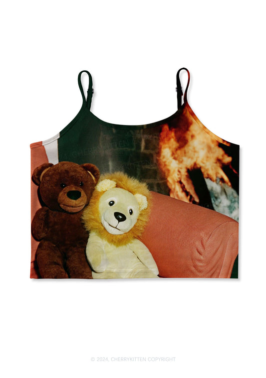 Bear And Lion Y2K Print Cami Crop Top Cherrykitten