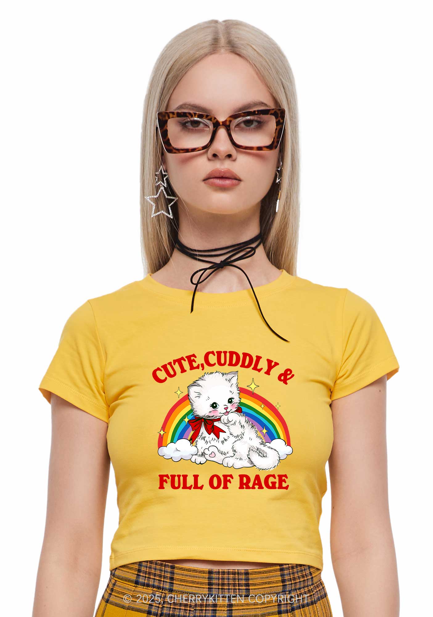 Cuddly Cat Full Of Rage Y2K Baby Tee Cherrykitten