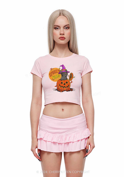 Halloween Spooky Vibes Cat Y2K Baby Tee Cherrykitten