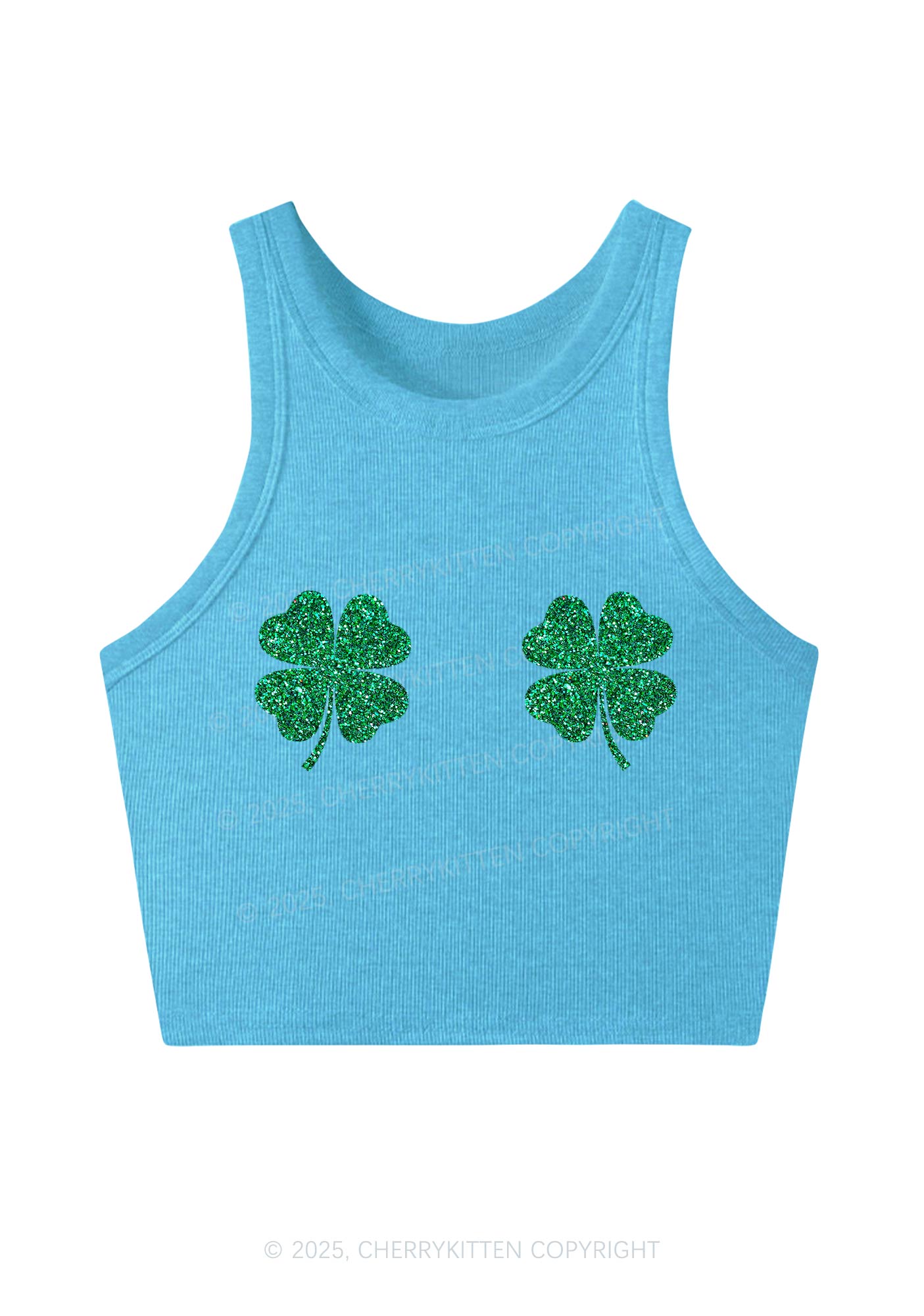 Glitter Four Leaf Clover Y2K Crop Tank Top Cherrykitten