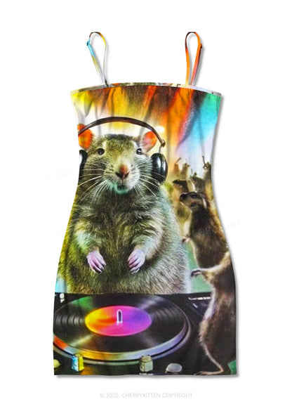 Rats Party Y2K Print Slip Dress Cherrykitten