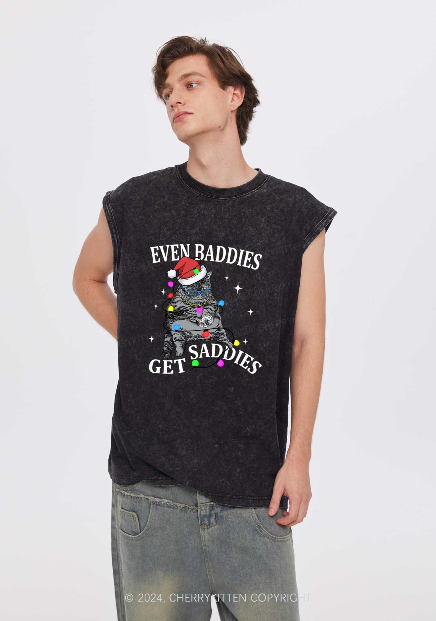 Christmas Baddie Cat Y2K Washed Tank Cherrykitten