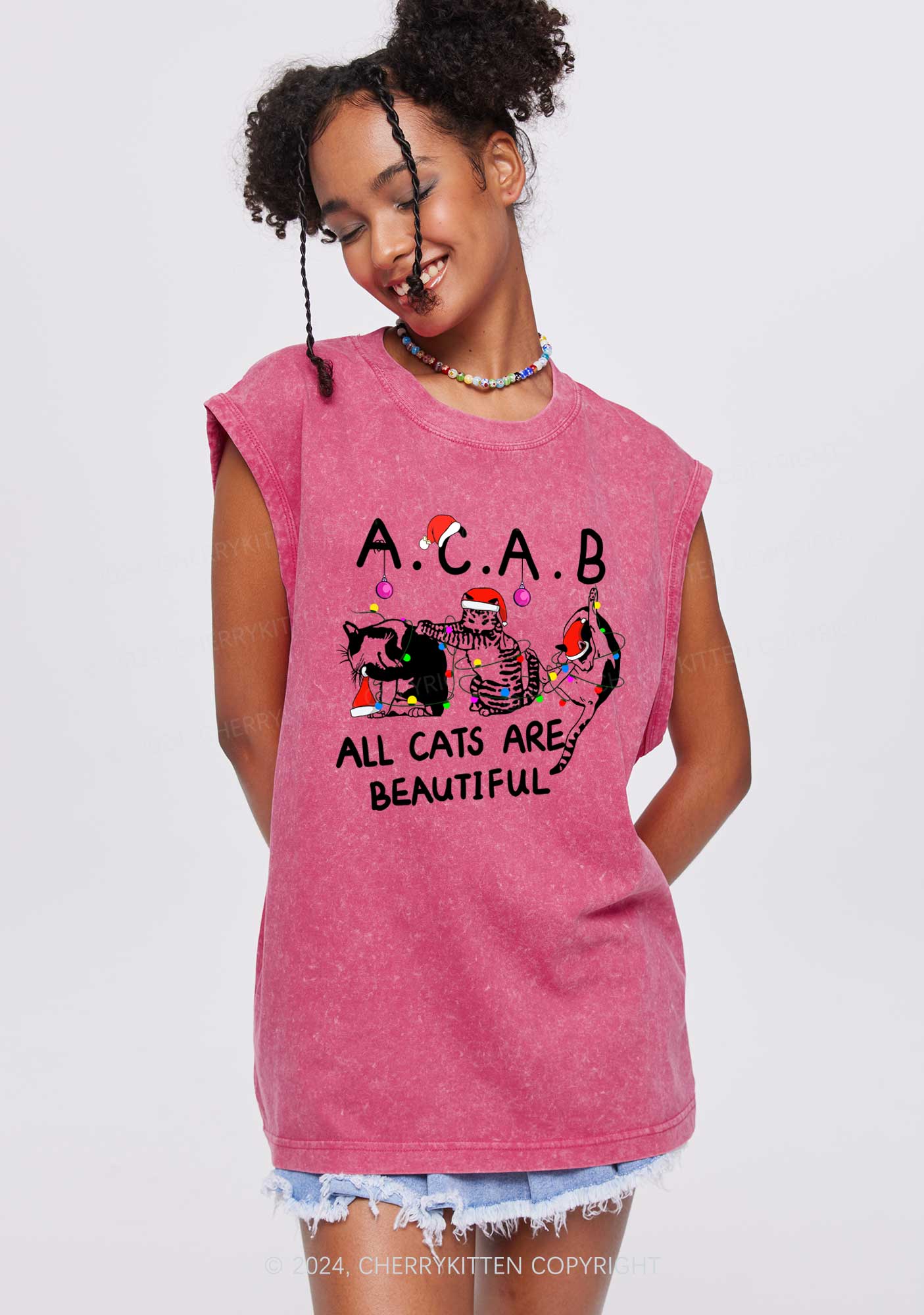 Christmas ACAB Cats Y2K Washed Tank Cherrykitten