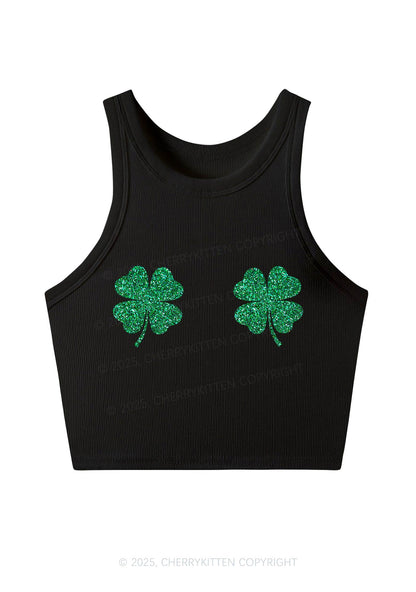 Glitter Four Leaf Clover Y2K Crop Tank Top Cherrykitten