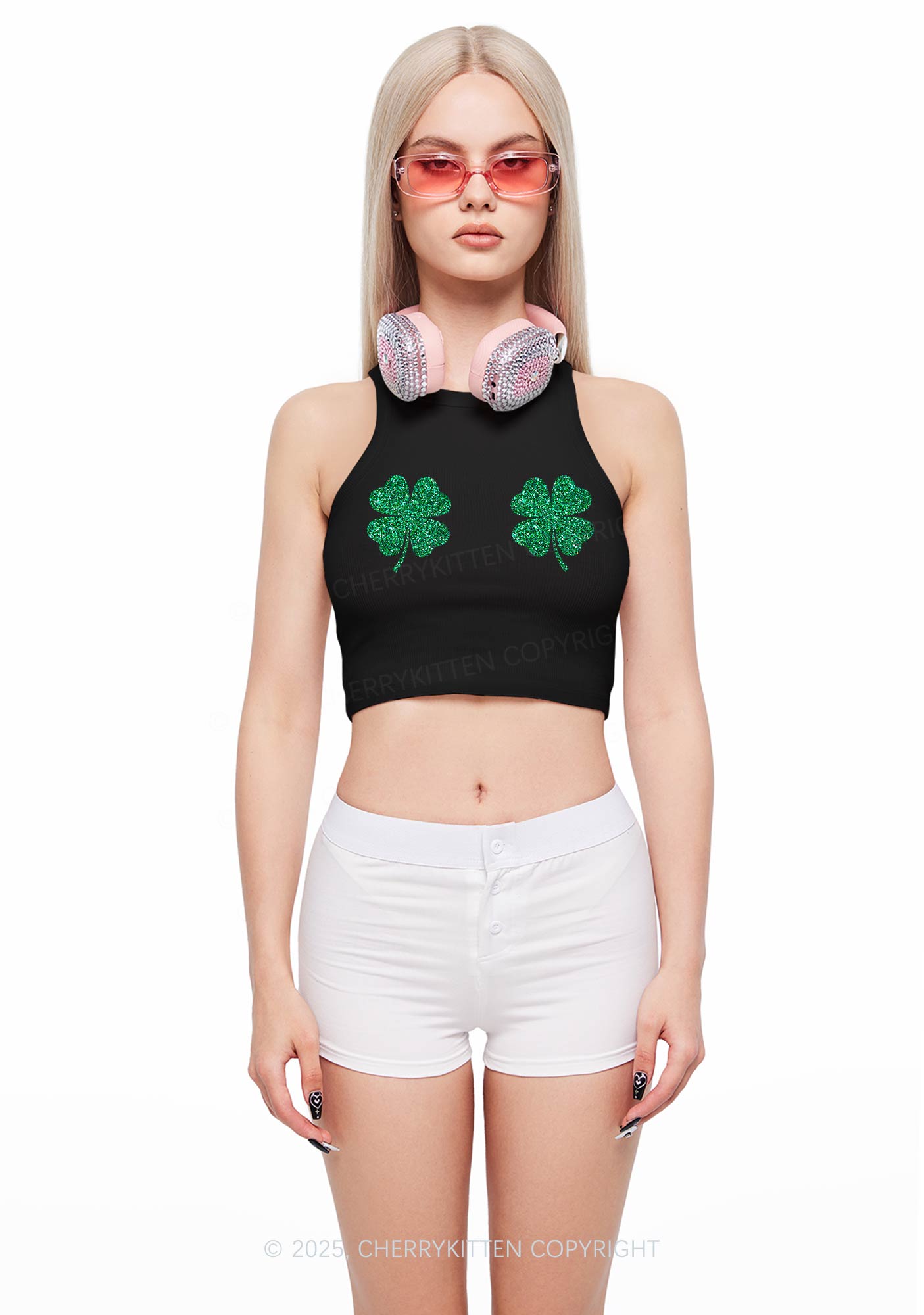 Glitter Four Leaf Clover Y2K Crop Tank Top Cherrykitten