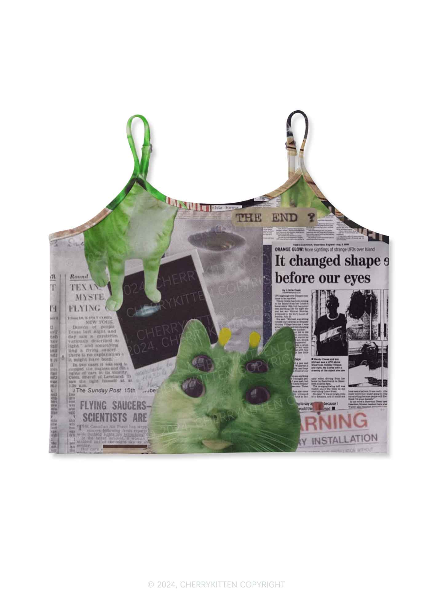 Green Alien Kitten Y2K Print Cami Crop Top Cherrykitten