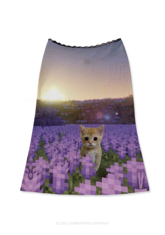 Lavender Kitten Y2K Print Midi Skirt Cherrykitten