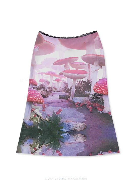 Pink Mushroom Y2K Print Midi Skirt Cherrykitten