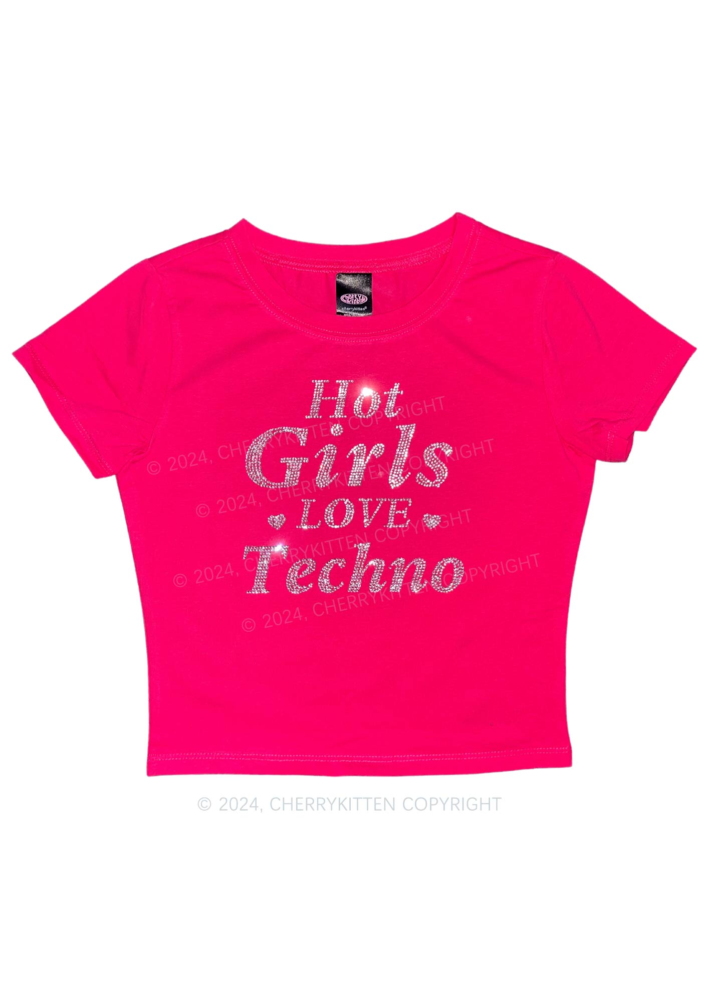 Rhinestone Hot Girls Love Techno Y2K Baby Tee Cherrykitten