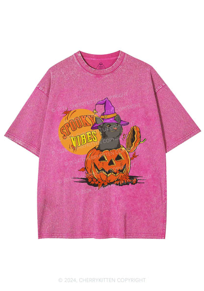 Halloween Spooky Vibes Cat Y2K Washed Tee Cherrykitten