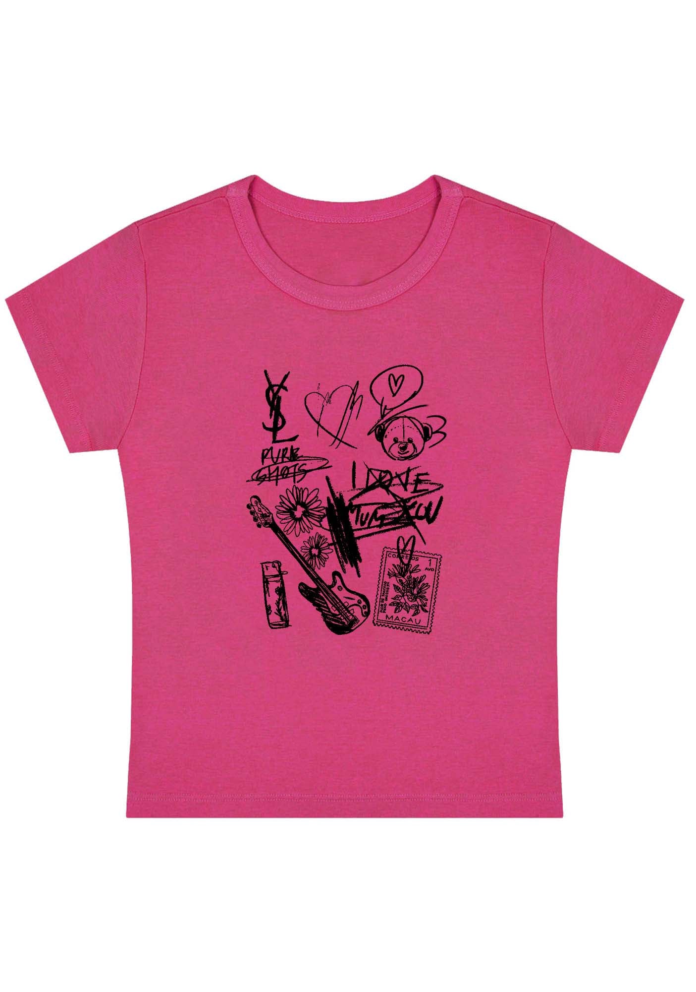 Curvy Heart Bear Guitar Stamp Baby Tee