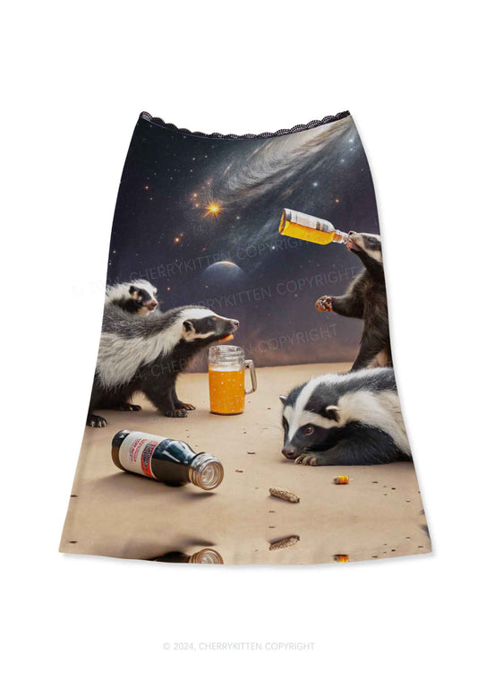 Drunk Badger Y2K Print Midi Skirt Cherrykitten