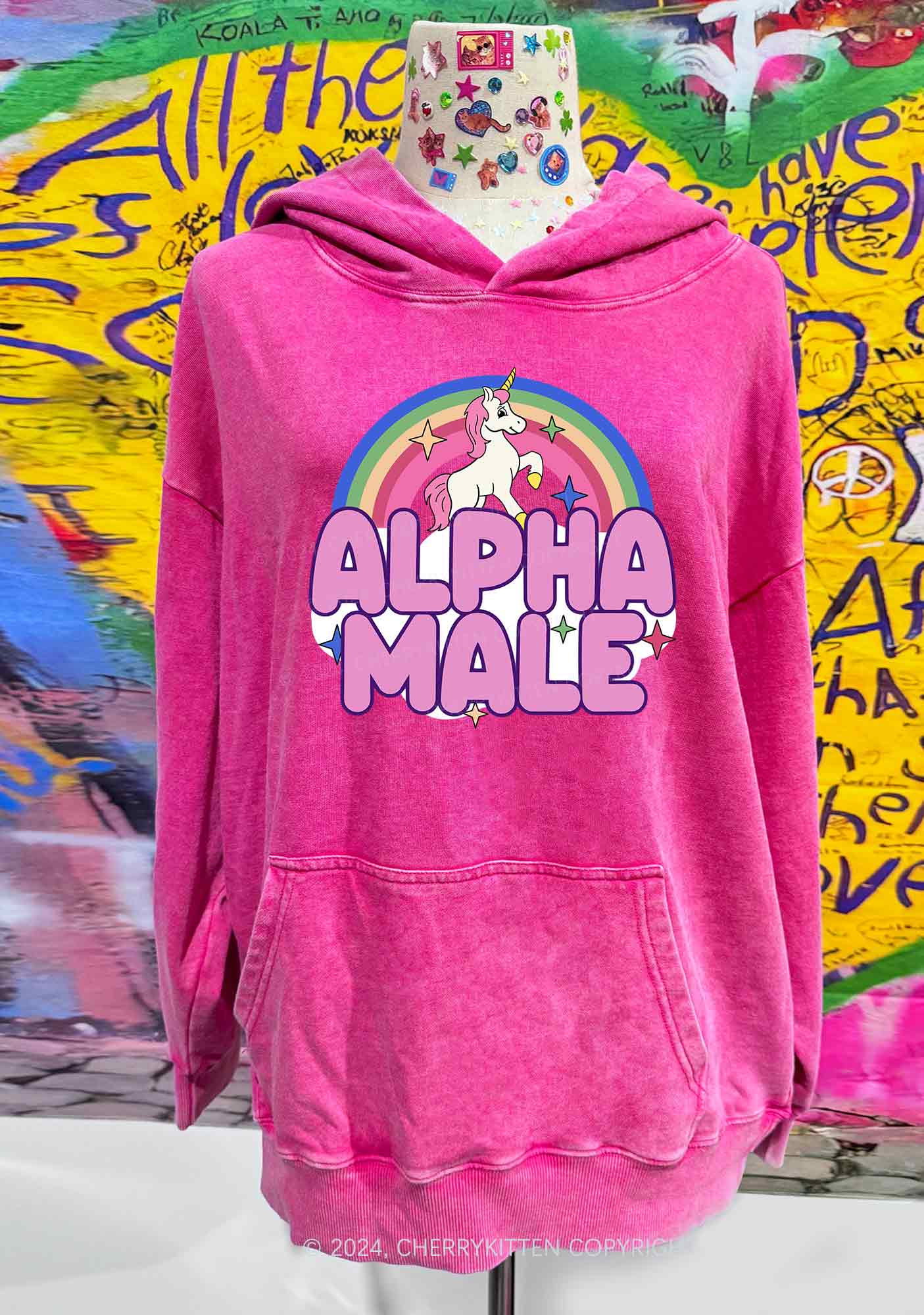 Rainbow Unicorn Alpha Male Y2K Washed Hoodie Cherrykitten