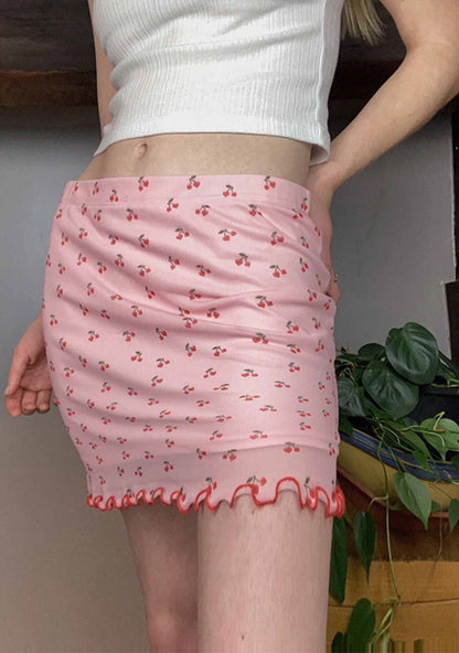 Y2K Cherry Print Double Layer Mesh Skirt Cherrykitten