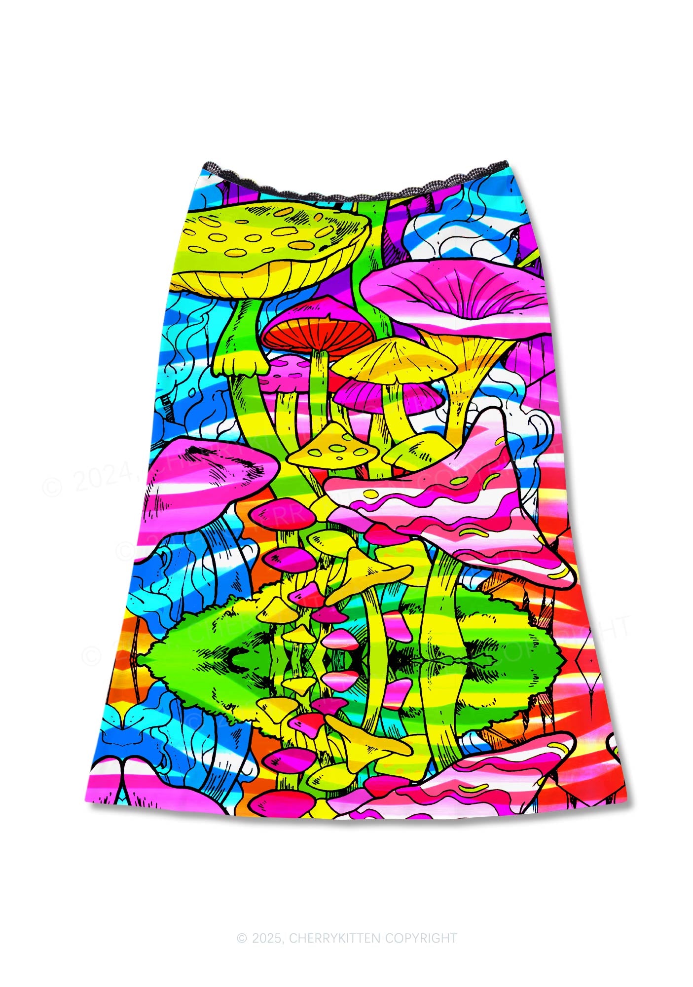 Trippy Colorful Mushrooms Y2K Print Midi Skirt Cherrykitten