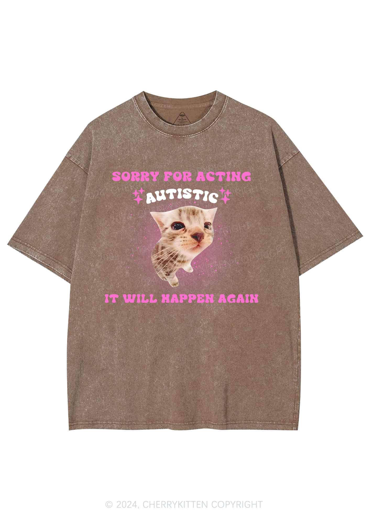 Sorry For Acting Autistic Cat Y2K Washed Tee Cherrykitten