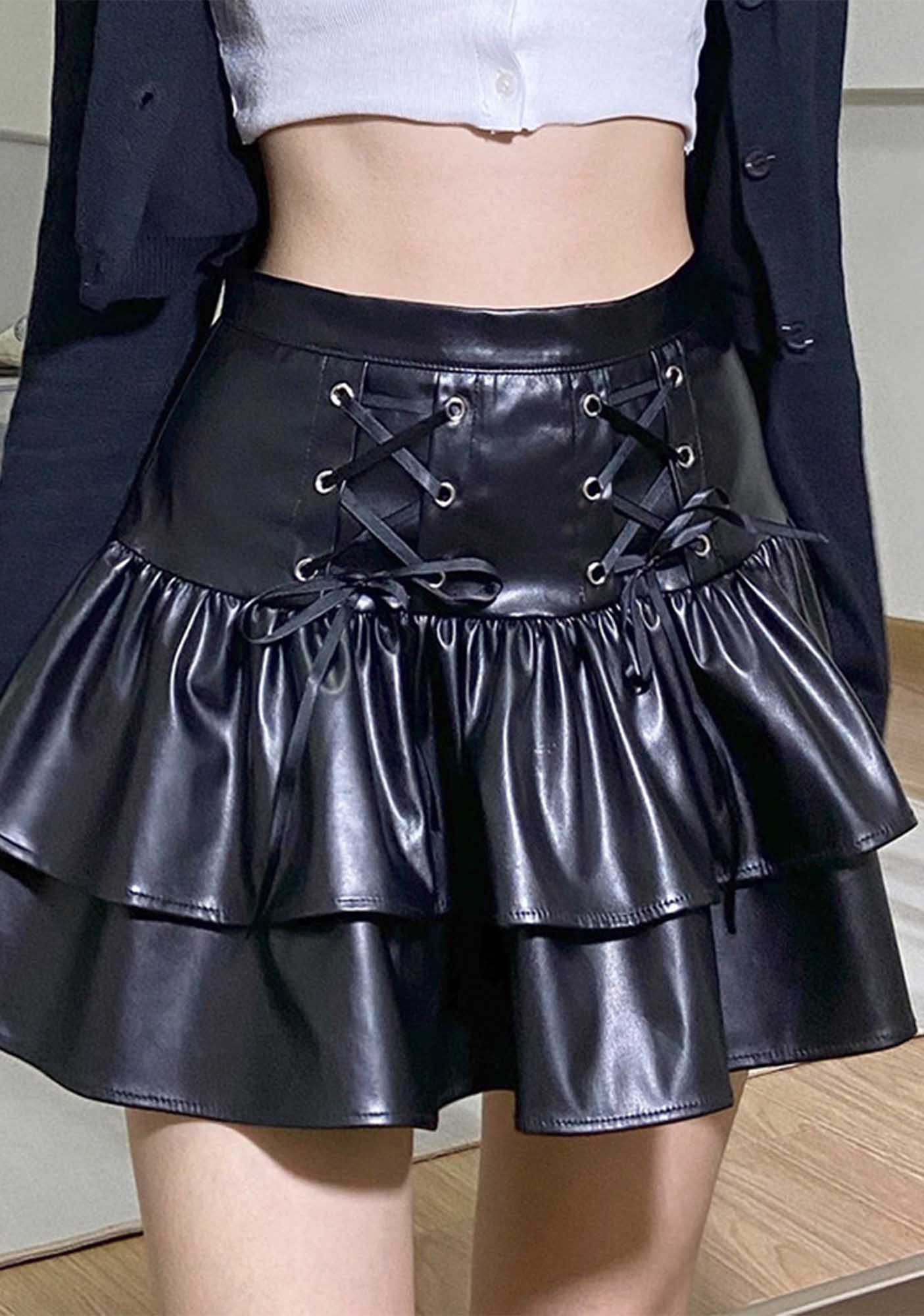 Black Strappy Y2K Pleated Leather Skirt Cherrykitten