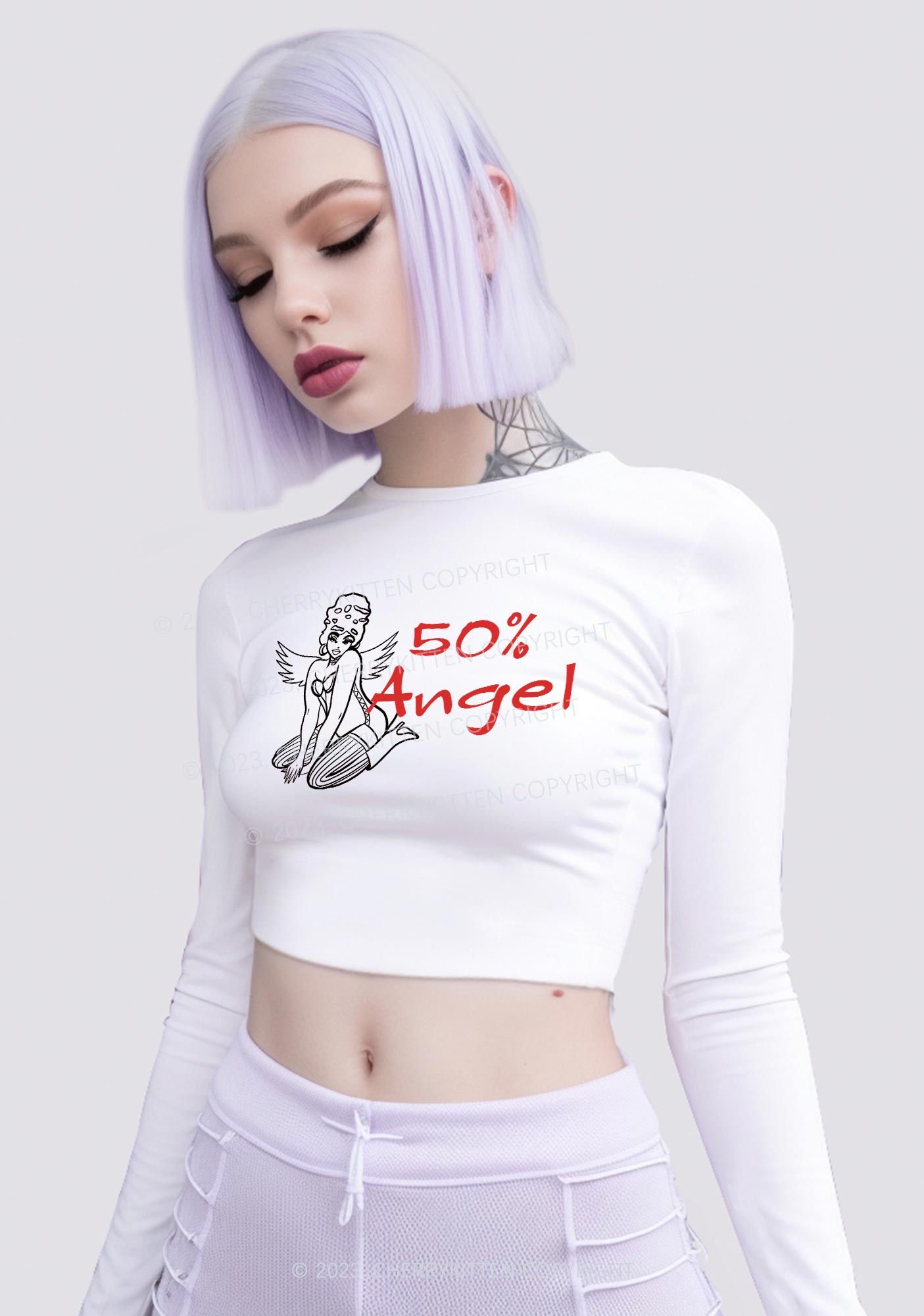 Fifty Percent Angel Y2K Long Sleeve Crop Top Cherrykitten