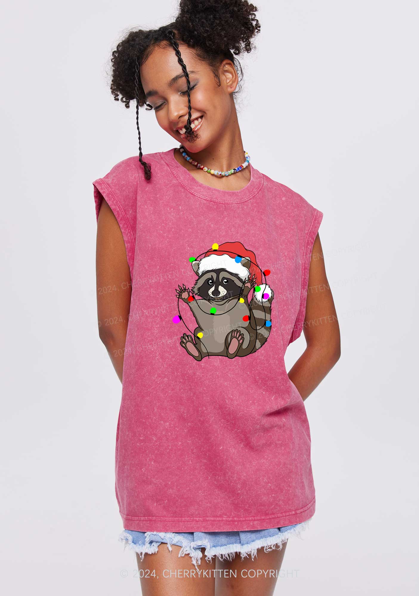 Christmas Raccoon Y2K Washed Tank Cherrykitten