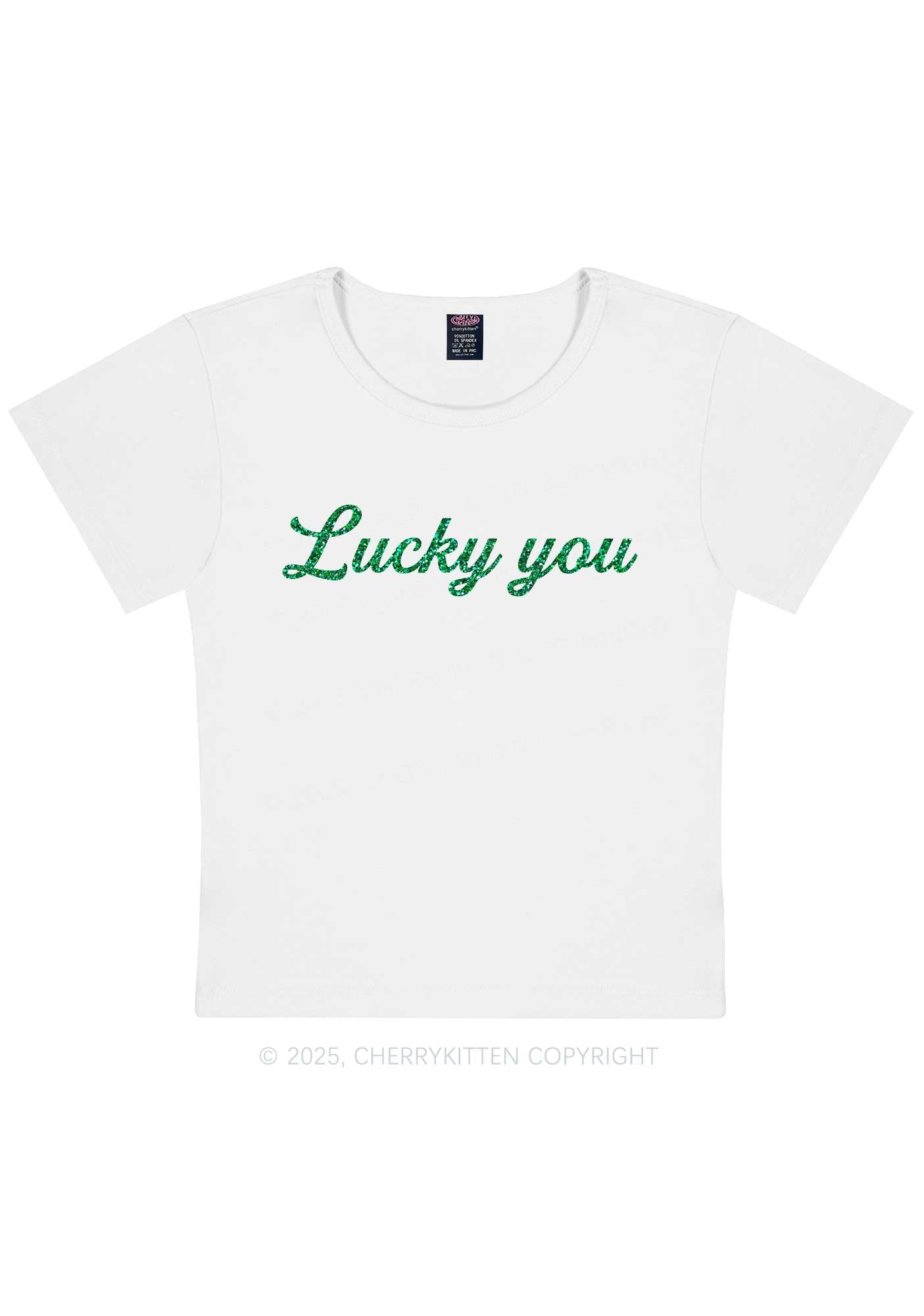 Glitter Lucky You St Patricks Y2K Baby Tee Cherrykitten