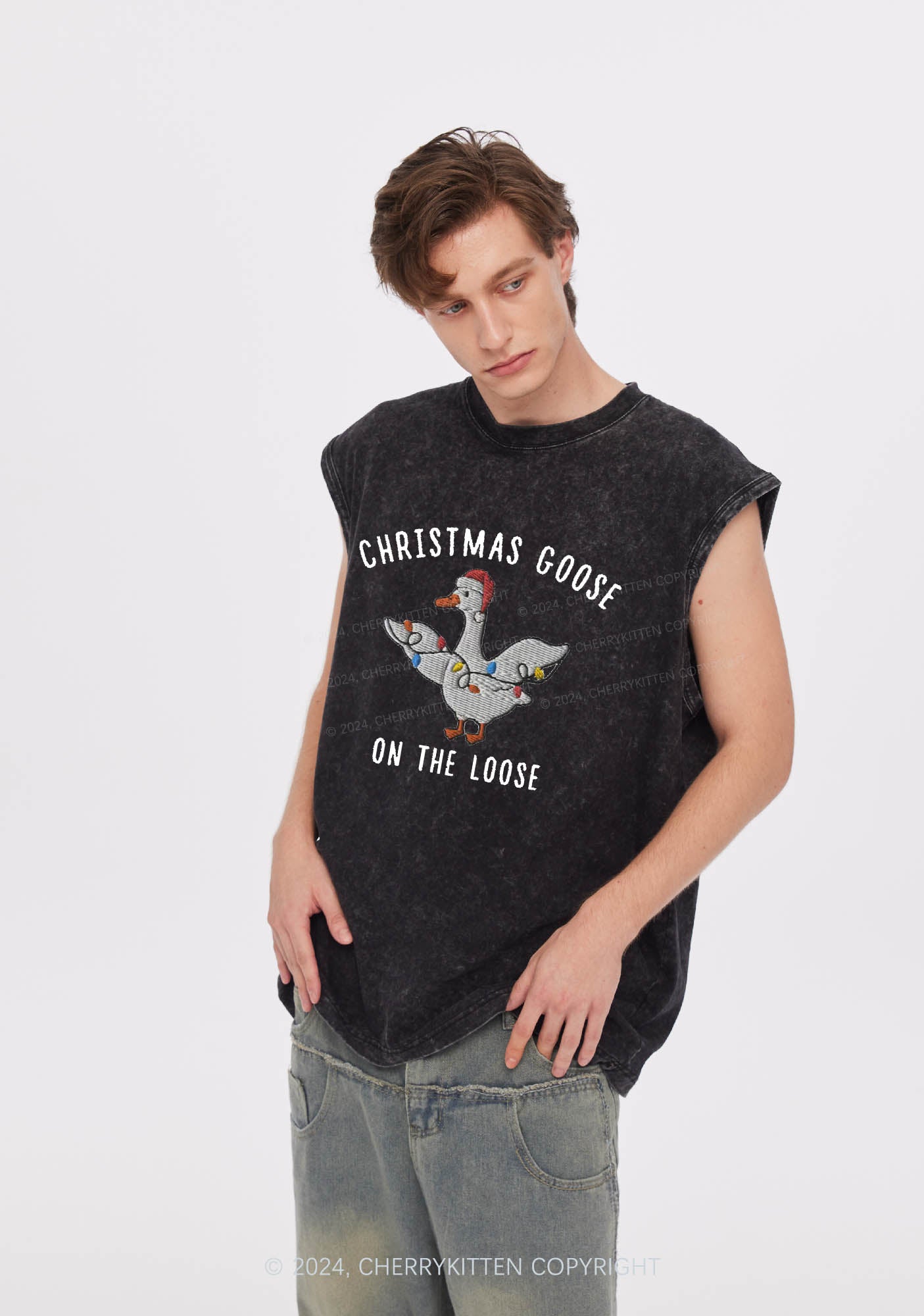 Christmas Goose On The Loose Y2K Washed Tank Cherrykitten