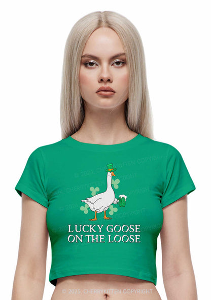 Lucky Goose On The Loose St Patricks Y2K Baby Tee Cherrykitten