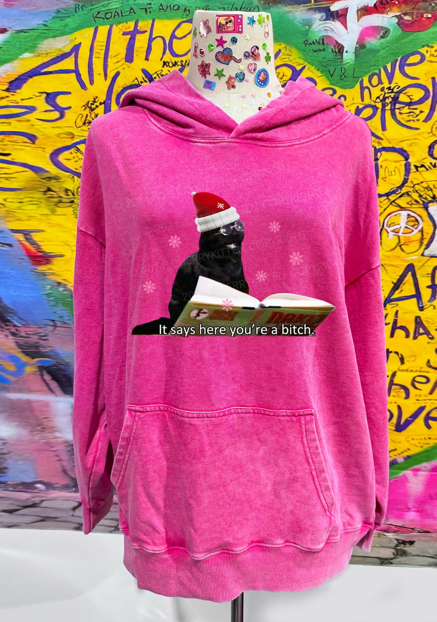 Christmas Cat Bxxch Y2K Washed Hoodie Cherrykitten