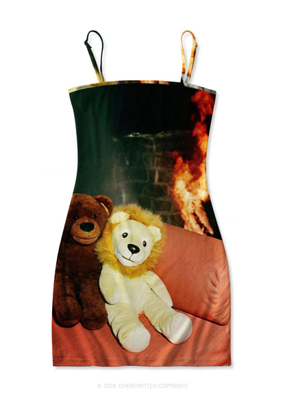 Bear And Lion Y2K Print Slip Dress Cherrykitten