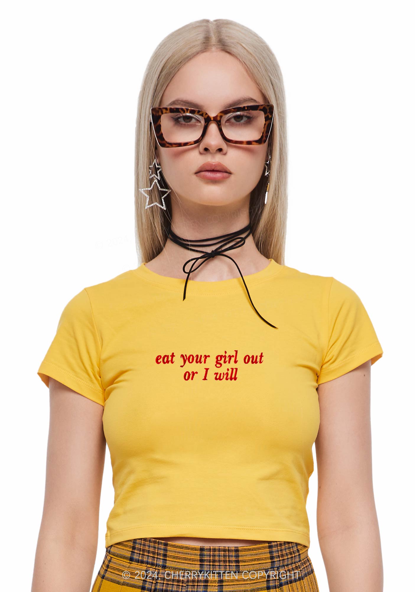 Embroidered Eat Your Girl Out Y2K Baby Tee Cherrykitten