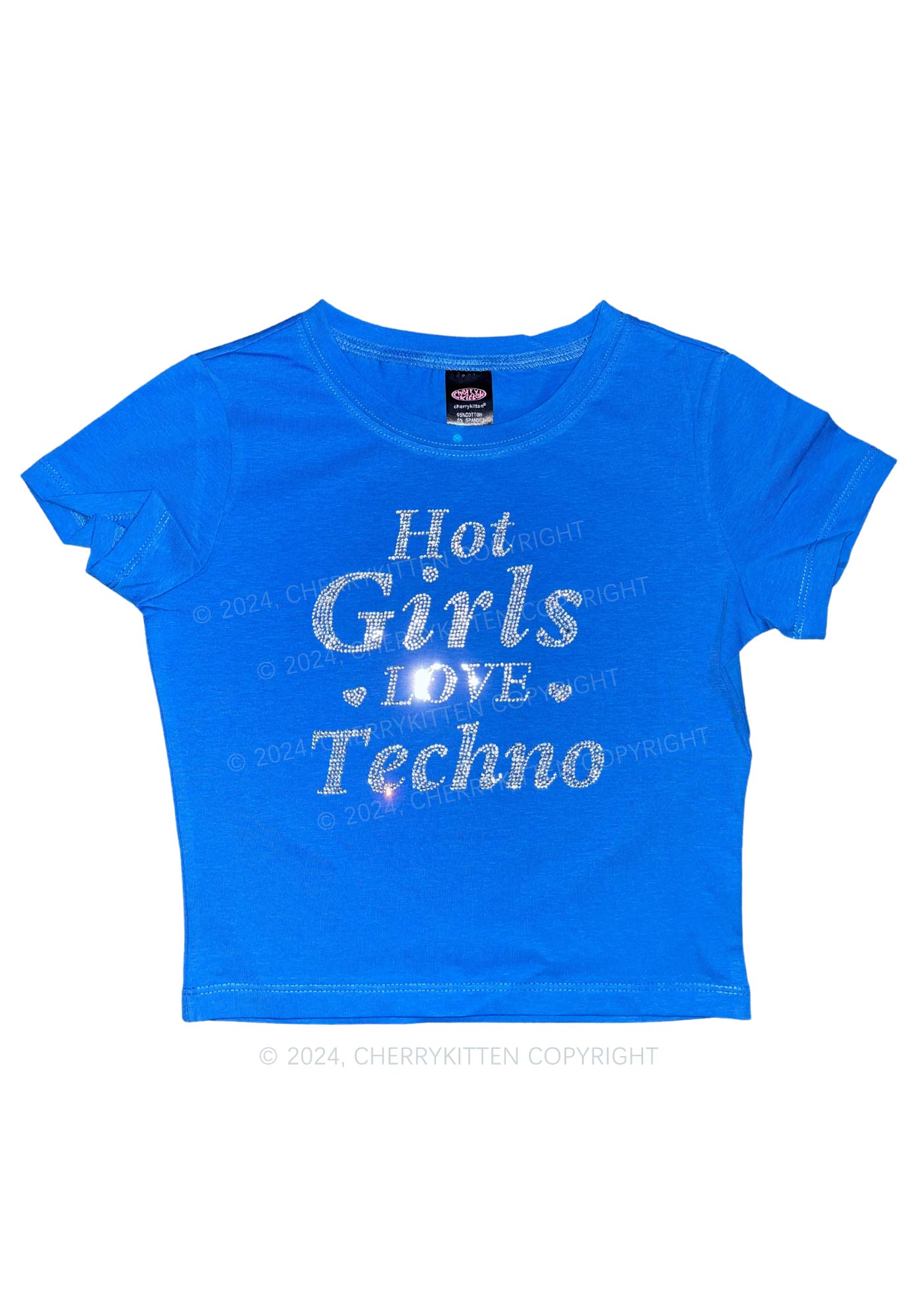 Rhinestone Hot Girls Love Techno Y2K Baby Tee Cherrykitten