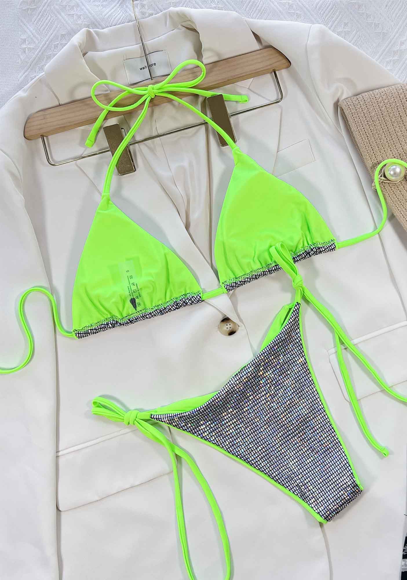 Silver Sequin Triangle Y2K Bikini Set Cherrykitten