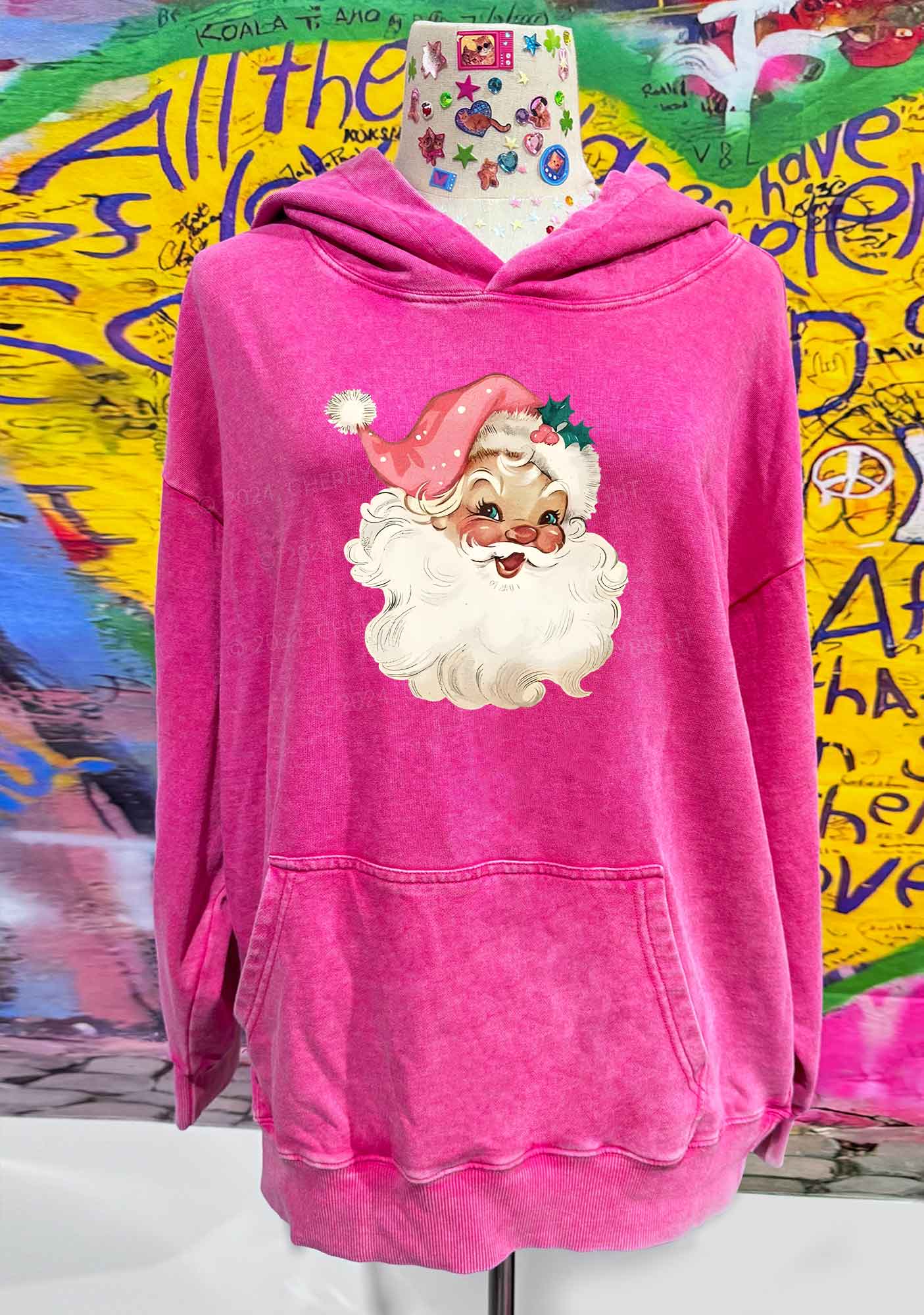 Christmas Pink Santa Y2K Washed Hoodie Cherrykitten