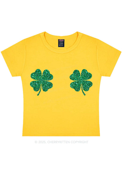 Glitter Four Leaf Clover St Patricks Y2K Baby Tee Cherrykitten