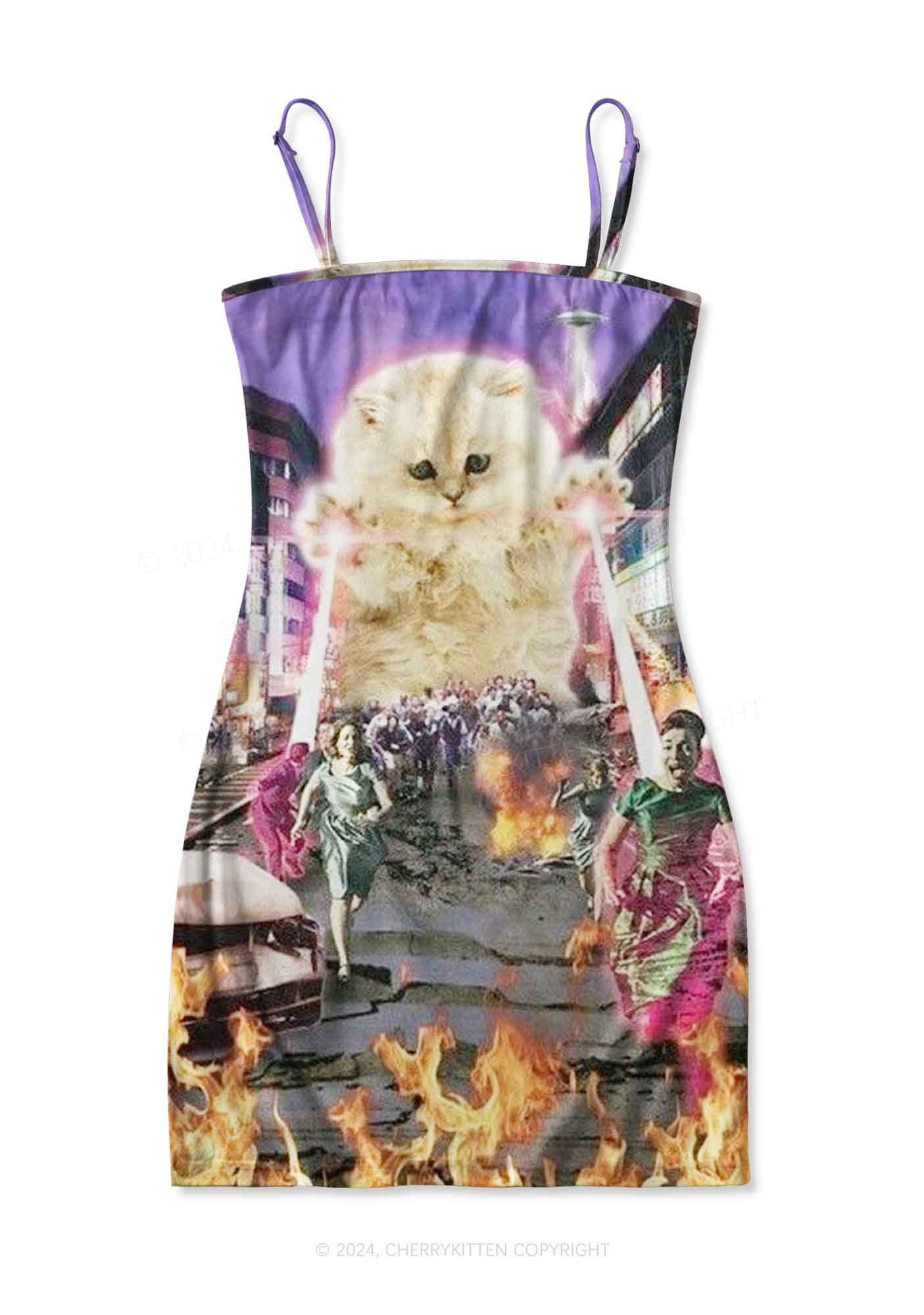 Super Power Kitten Y2K Print Slip Dress Cherrykitten