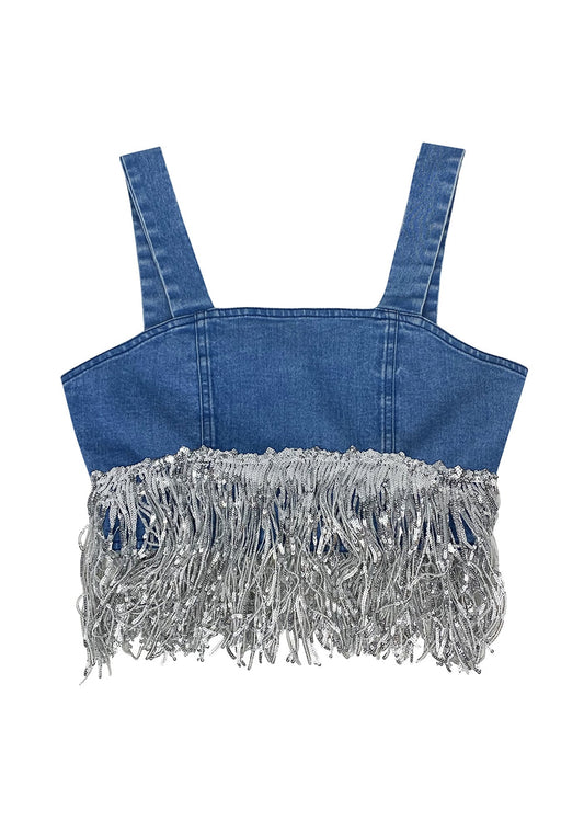 Denim Fringed Sequin Corset Top