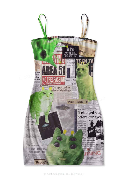 Green Alien Kitten Y2K Print Slip Dress Cherrykitten