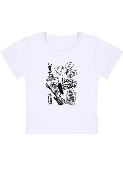 Curvy Heart Bear Guitar Stamp Baby Tee