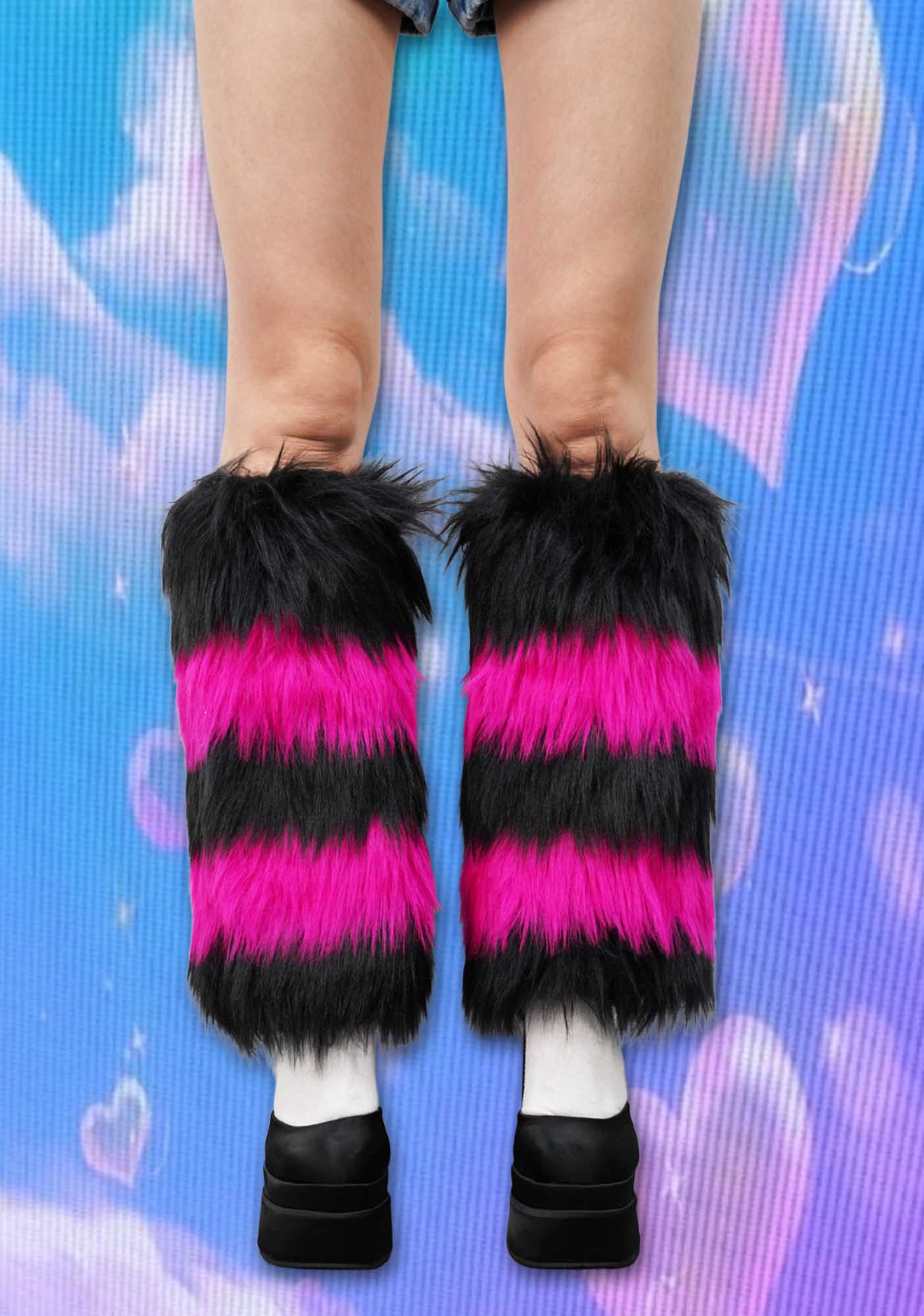 Black Pink Faux Fur Y2K Leg Warmers Cherrykitten