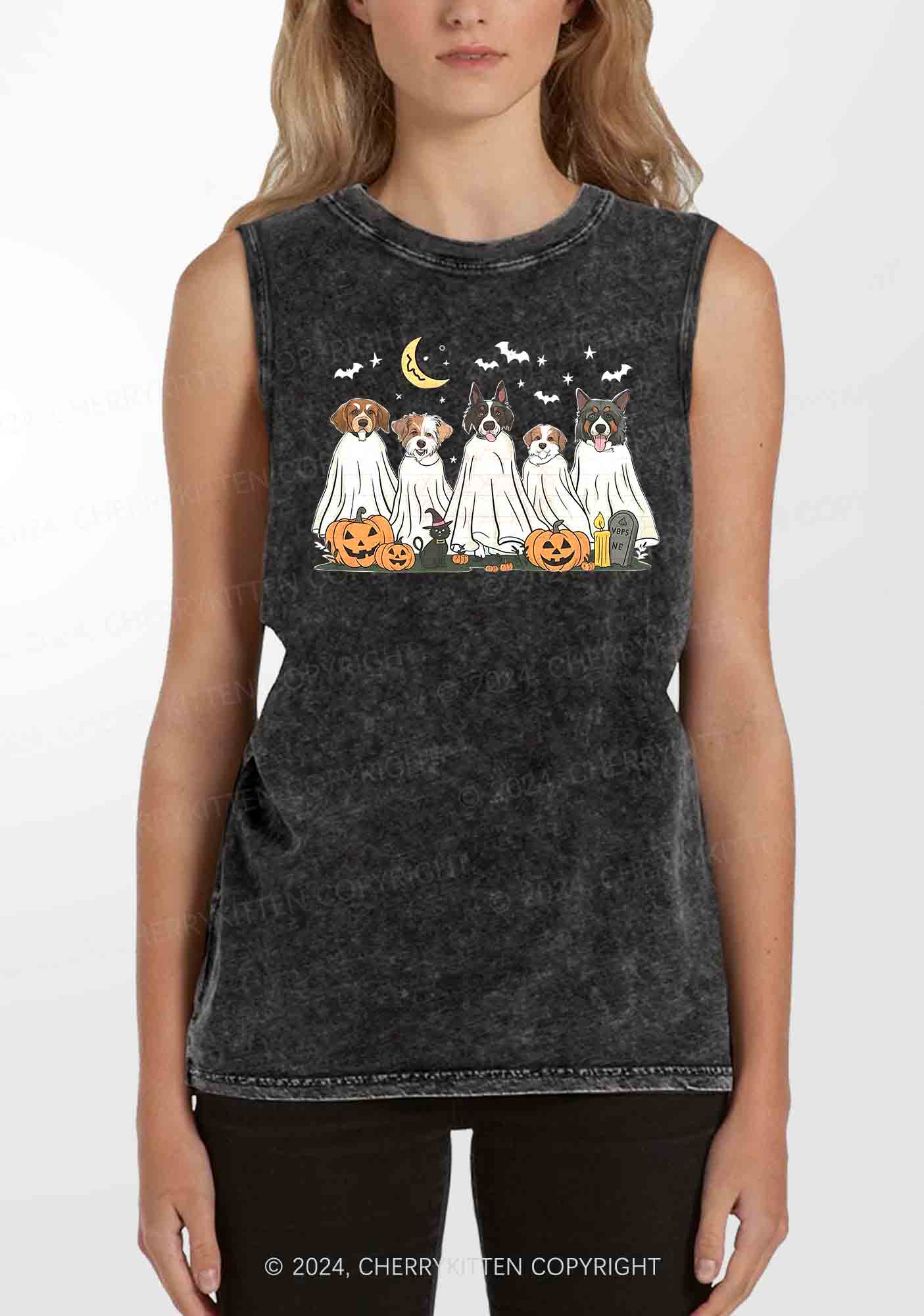 Halloween Ghost Dog Pumpkin Y2K Washed Tank Cherrykitten