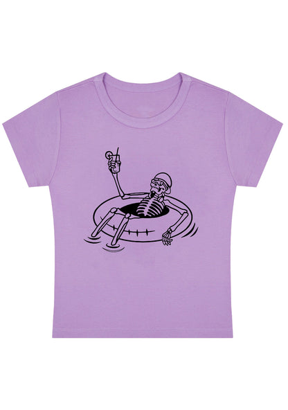 Halloween Skeleton Lying On Swimming Ring Y2K Baby Tee