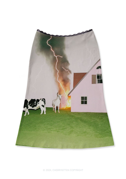 Pony Cow Y2K Print Midi Skirt Cherrykitten